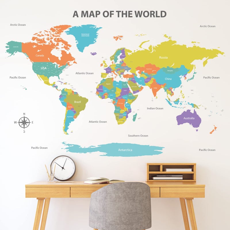 DECOWALL DMT-1809S Modern Pastel Tones World Map Kids Wall Stickers Wall Decals Peel and Stick Removable Wall Stickers for Kids Nursery Bedroom Living Room (Large) - Image 2