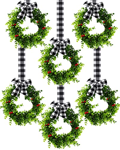 Canlierr 6 Pcs 8 Inch Christmas Kitchen Cabinet Wreaths with 315inch Ribbon Small Mini Christmas Wreath for Window Door Chair Wall Xmas DecorationPlaid - Image 1
