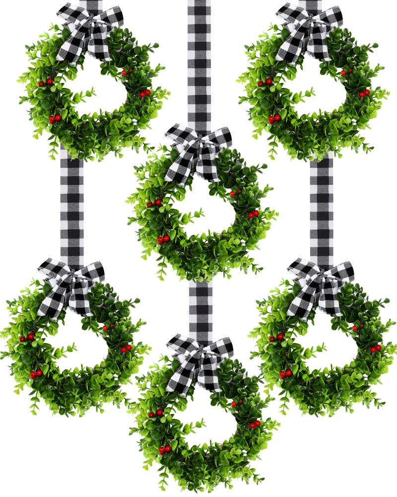 Canlierr 6 Pcs 8 Inch Christmas Kitchen Cabinet Wreaths with 315inch Ribbon Small Mini Christmas Wreath for Window Door Chair Wall Xmas DecorationPlaid - Image 2