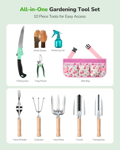 Grenebo All-in-One Garden Tool Set with Tools Organizer Belt Adjustable, 10-Piece Gardening Hand Tools, Long Lasting Rust-Proof Premium Garden Tool Kit, Gardening Gift for Women Men (Pink) - Image 2