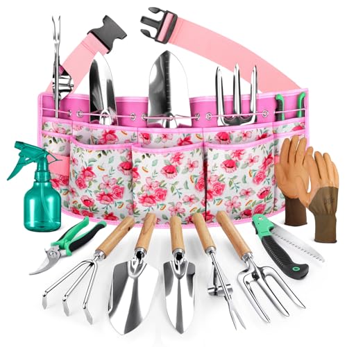 Grenebo All-in-One Garden Tool Set with Tools Organizer Belt Adjustable, 10-Piece Gardening Hand Tools, Long Lasting Rust-Proof Premium Garden Tool Kit, Gardening Gift for Women Men (Pink) - Image 1