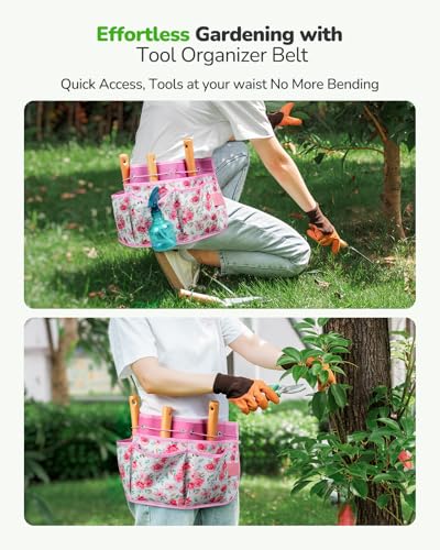 Grenebo All-in-One Garden Tool Set with Tools Organizer Belt Adjustable, 10-Piece Gardening Hand Tools, Long Lasting Rust-Proof Premium Garden Tool Kit, Gardening Gift for Women Men (Pink) - Image 5