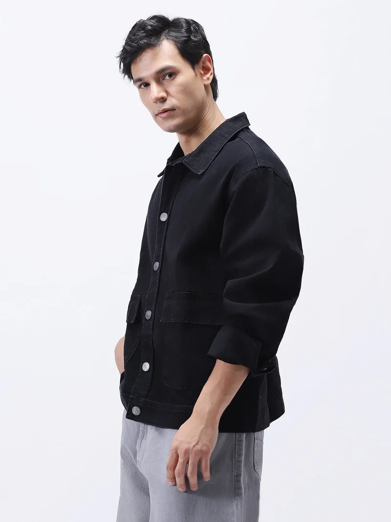 Urbano Fashion  Urbano Fashion Men's Black Relaxed Fit Full Sleeve Utility Denim Jacket  | Best Price UAE