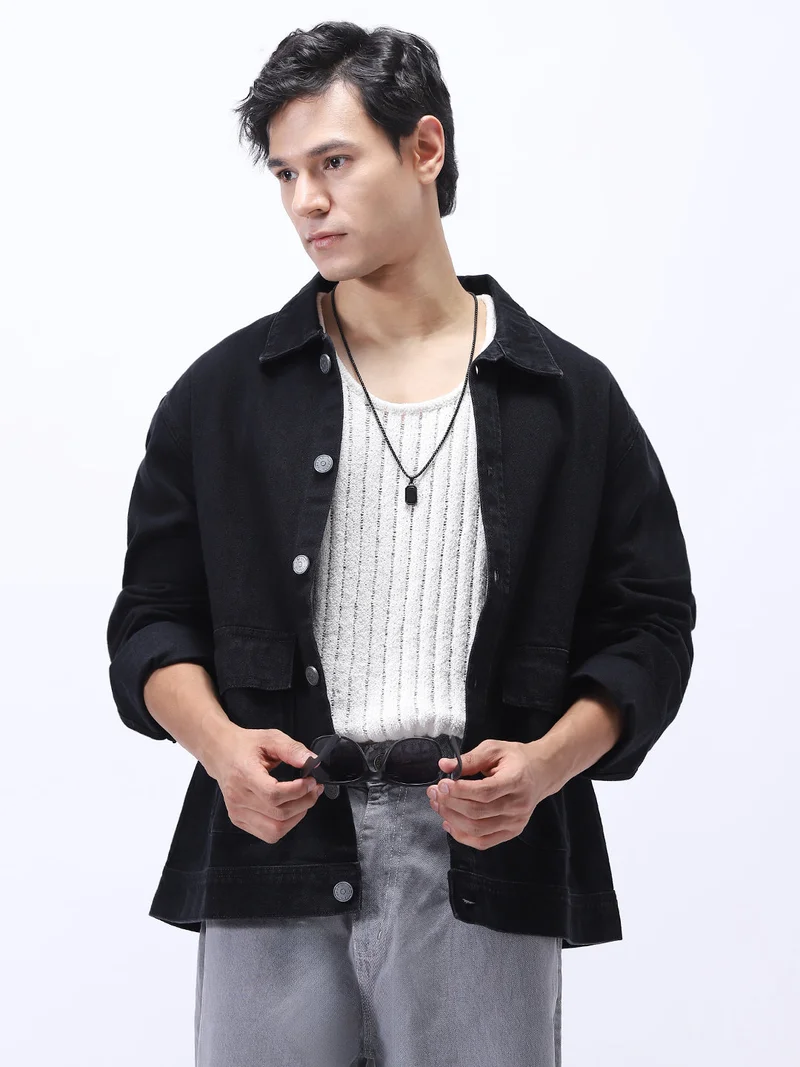 Urbano Fashion Men's Black Relaxed Fit Full Sleeve Utility Denim Jacket