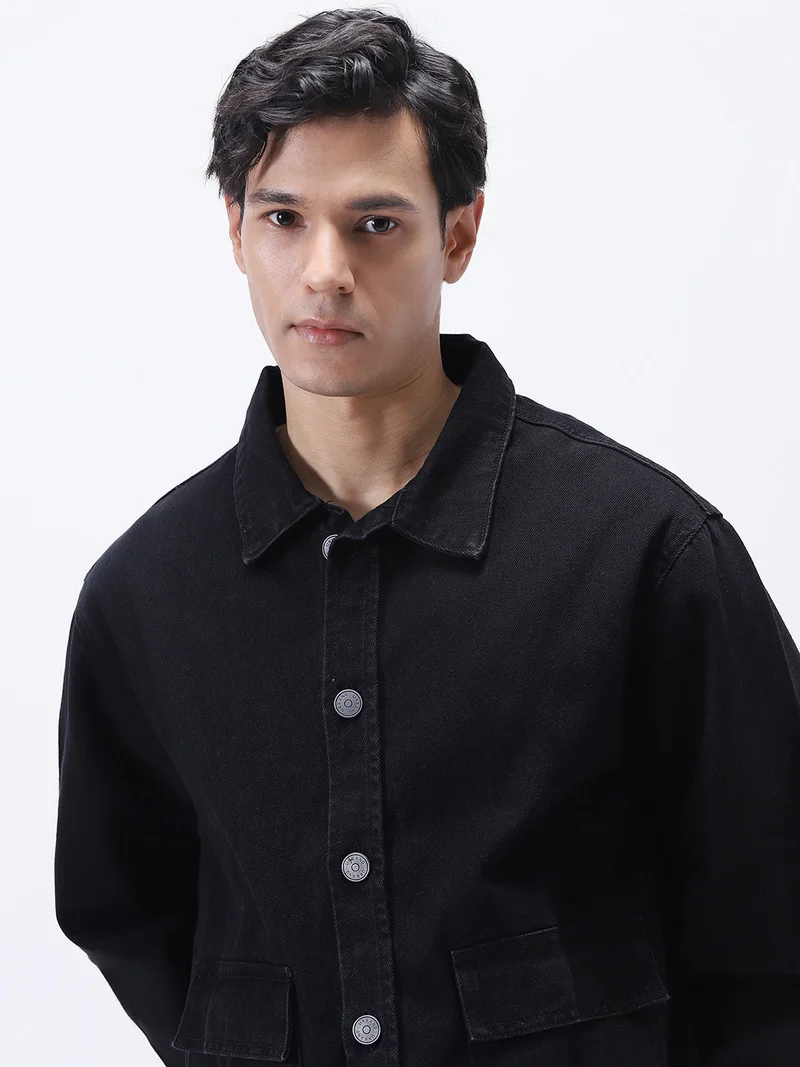 Urbano Fashion  Urbano Fashion Men's Black Relaxed Fit Full Sleeve Utility Denim Jacket  | Best Price UAE