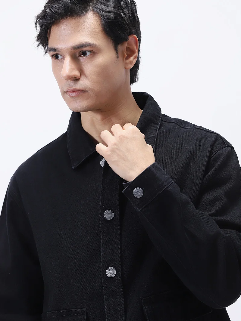 Urbano Fashion  Urbano Fashion Men's Black Relaxed Fit Full Sleeve Utility Denim Jacket  | Best Price UAE