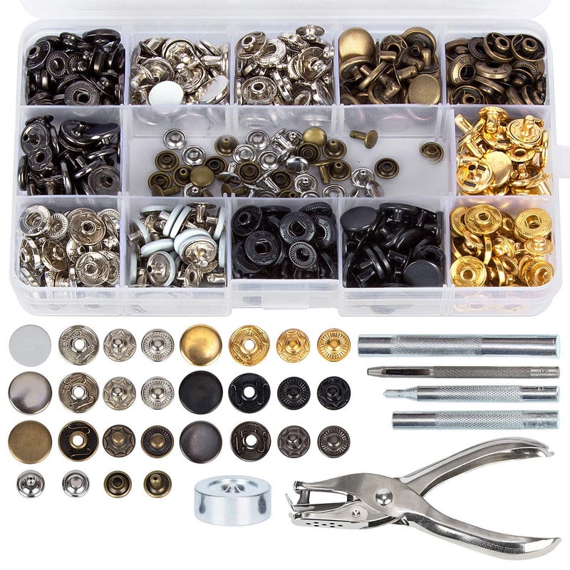 Hakkin Snap Fasteners Kit 120 Sets 125mm Metal Snap Button Press Studs with Punch Plier and Fixing Tools for Purse Leather Coat Jacket Jeans Bags DIY Craft Shoes Belts Repair  Decoration