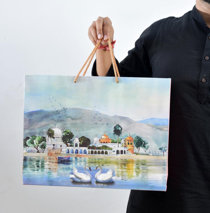 PPJ ® - WEDDING SWAN PAIR MAHAL PAINTING (30 Pcs.) (WEDDING) PAPER CARRY BAG, 17 Inch X 13 Inch X 4 Inch for DIWALI/WEDDING/FUNCTION/BIRTHDAY/RETURN GIFTS/CHRISTMAS/GIFT BAGS/GIFT COVERS (Pack of 30) - Image 2