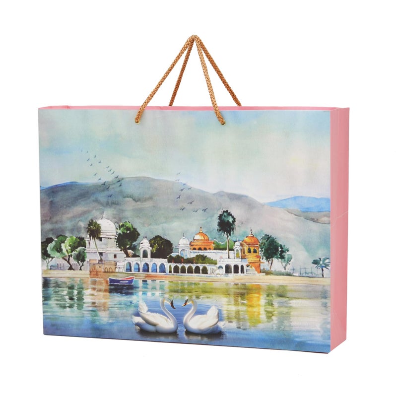PPJ ® - WEDDING SWAN PAIR MAHAL PAINTING (30 Pcs.) (WEDDING) PAPER CARRY BAG, 17 Inch X 13 Inch X 4 Inch for DIWALI/WEDDING/FUNCTION/BIRTHDAY/RETURN GIFTS/CHRISTMAS/GIFT BAGS/GIFT COVERS (Pack of 30) - Image 1