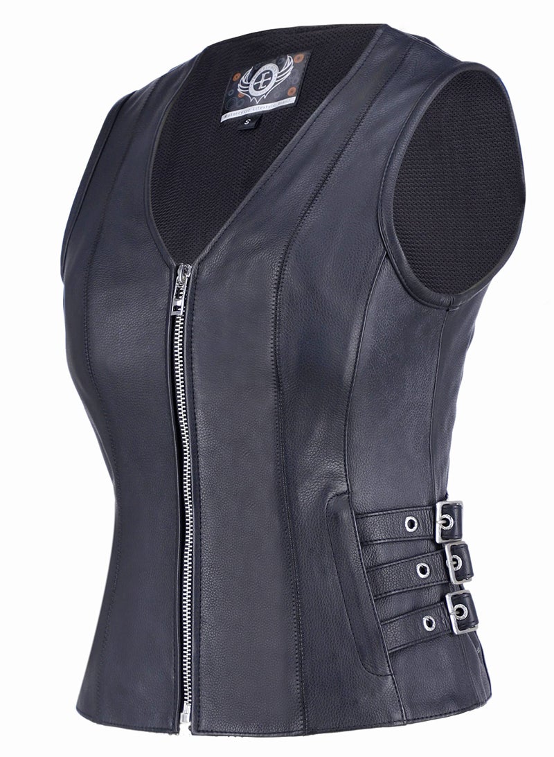 True Element Womens Zipper Front VNeck Quality Motorcycle Leather Vest for Female Bikers Black Size Large