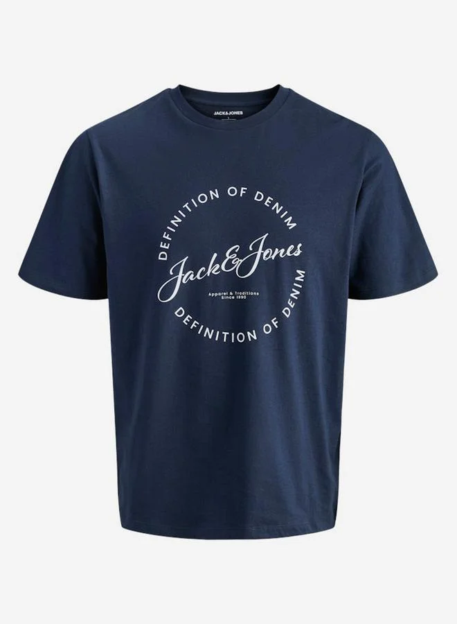 JACK & JONES Navy Blue Logo Print Cotton T-Shirt