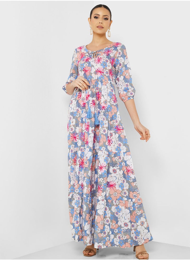 ARABIAN CLOSET - Printed V-Neck Jalabiya - Image 1