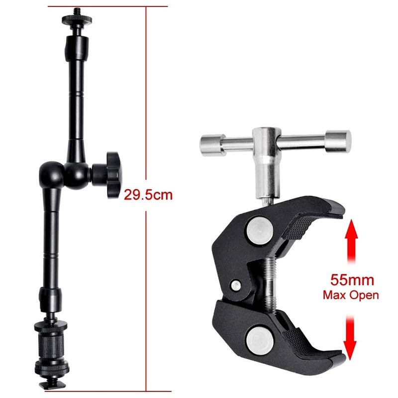 Wanby ذراع سحري متحرك 11 بوصة من WANBY مع مشبك كبير قابل للتعديل وملاقط مع خيوط 1/4" و 3/8" لهيكل كاميرا DSLR، شاشة LCD، وأضواء فلاش LED (ذراع ومشبك) - Image 3