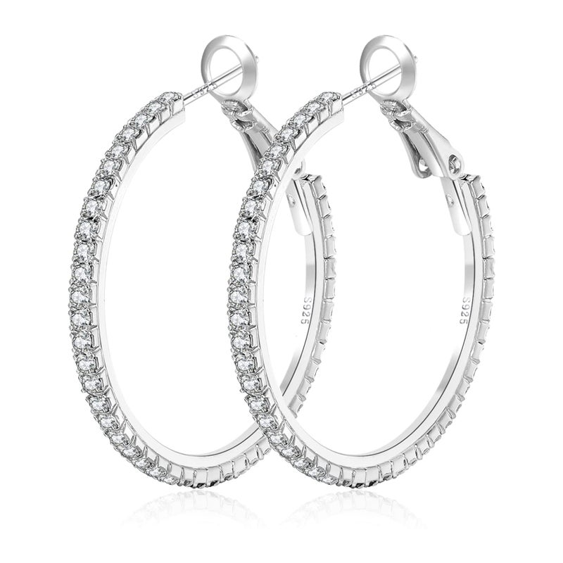 OOOPEL Large Rhinestone Hoop Earrings 925 Sterling Silver Post Cubic Zirconia Hoop Earrings Thin Rhinestones Round Hoop Earrings for Women Silver Hoop Earrings Sparkly Hoop Earrings with Crystals for Womens - Image 1