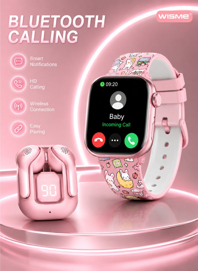 WISME X68 Mini Pink Smart Watch with Earbuds & 3 Straps for Ladies, Girls, Kids & Women, Bluetooth Calling - Image 2