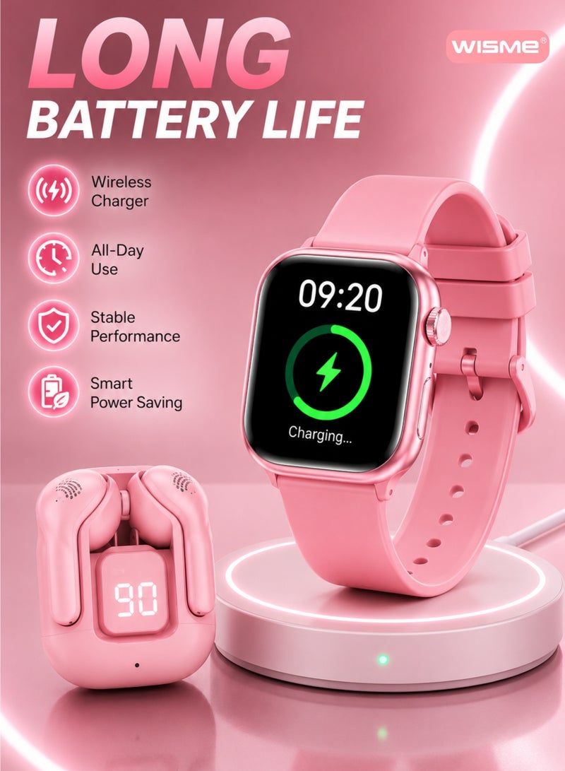 WISME X68 Mini Pink Smart Watch with Earbuds & 3 Straps for Ladies, Girls, Kids & Women, Bluetooth Calling - Image 4
