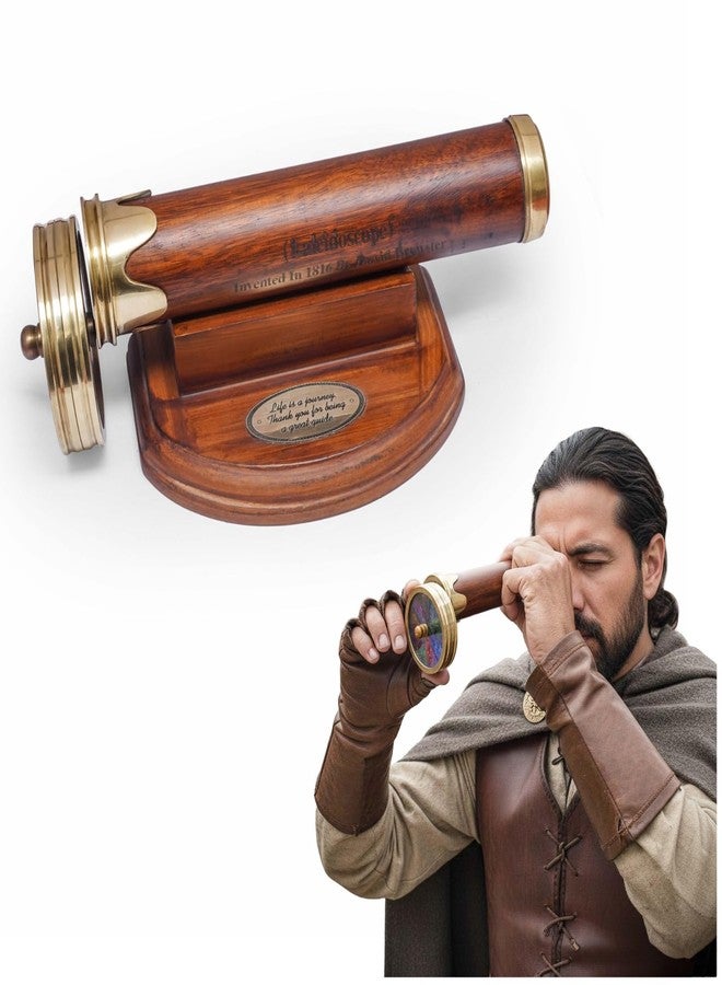 SaKeGa Handcrafted Wooden Kaleidoscope with Stand & Brass Accents - Detachable Dual Discs, Engraved Inventor Details - Antique Collectible Gift for Men, Women, Kids & Adults - Image 1