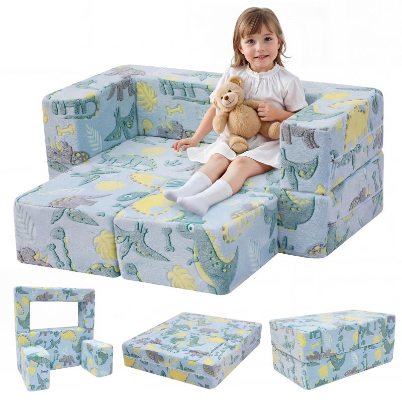 MeMoreCool Glow-in-the-Dark Dinosaur Kids Loveseat - Modular Toddler Play Couch that Folds Out, Convertible Foam Chair & Mini Sofa Bed with Washable Plush Cover, 2-Seat Playroom Furniture - Image 1