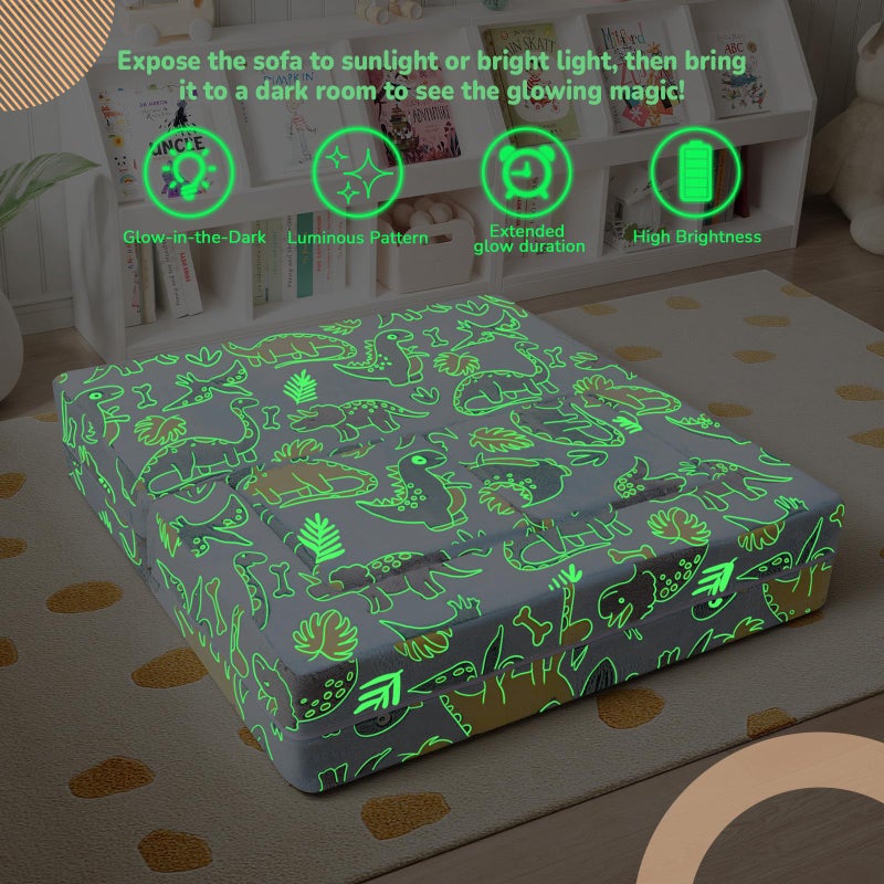 MeMoreCool Glow-in-the-Dark Dinosaur Kids Loveseat - Modular Toddler Play Couch that Folds Out, Convertible Foam Chair & Mini Sofa Bed with Washable Plush Cover, 2-Seat Playroom Furniture - Image 4