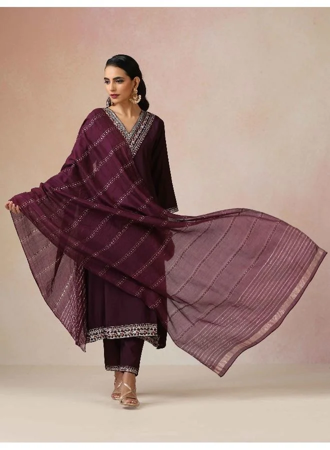 trueBrowns Purple Embroidered A-line Kurta 3pc Set