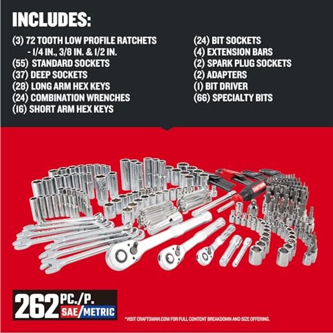 CRAFTSMAN 262-Piece Mechanic Tool Set With 3-Drawer Versastack Box, Sae And Metric Socket Set, Car And Motorcycle Tool Kit With Combination Wrenches And Spark Plug Sockets (Cmmt45309) - Image 2