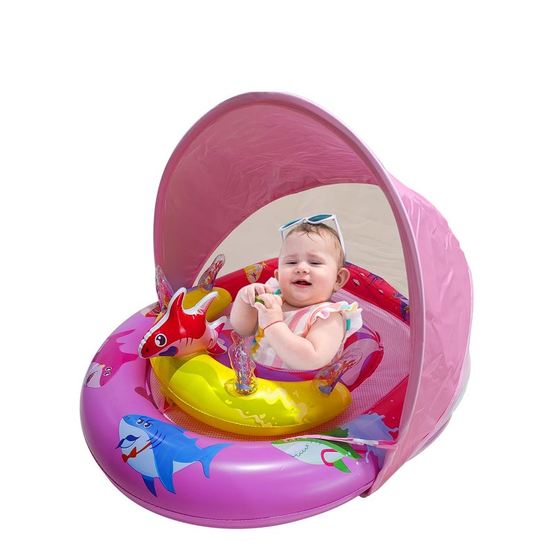 RAYBITU Inflatable Baby Pool Float with UPF50 Sun Protection Canopy Adjustable Safety Seat Interactive Toy Play Console Includes Ocean Animal Toys for Infants Toddlers 336 Months PinkYellow - Image 2