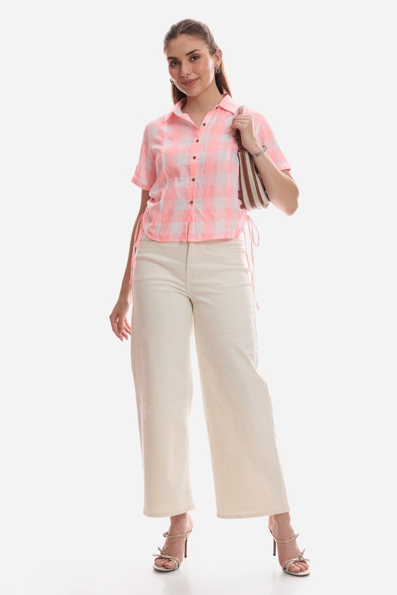 Virgio Checks Viscose Regular Shirt With Side Drawcord for Women - Image 2