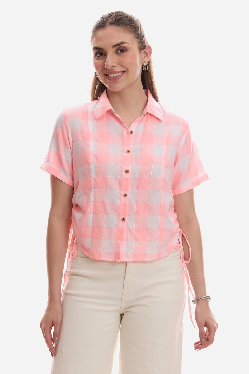 Virgio Checks Viscose Regular Shirt With Side Drawcord for Women - Image 1