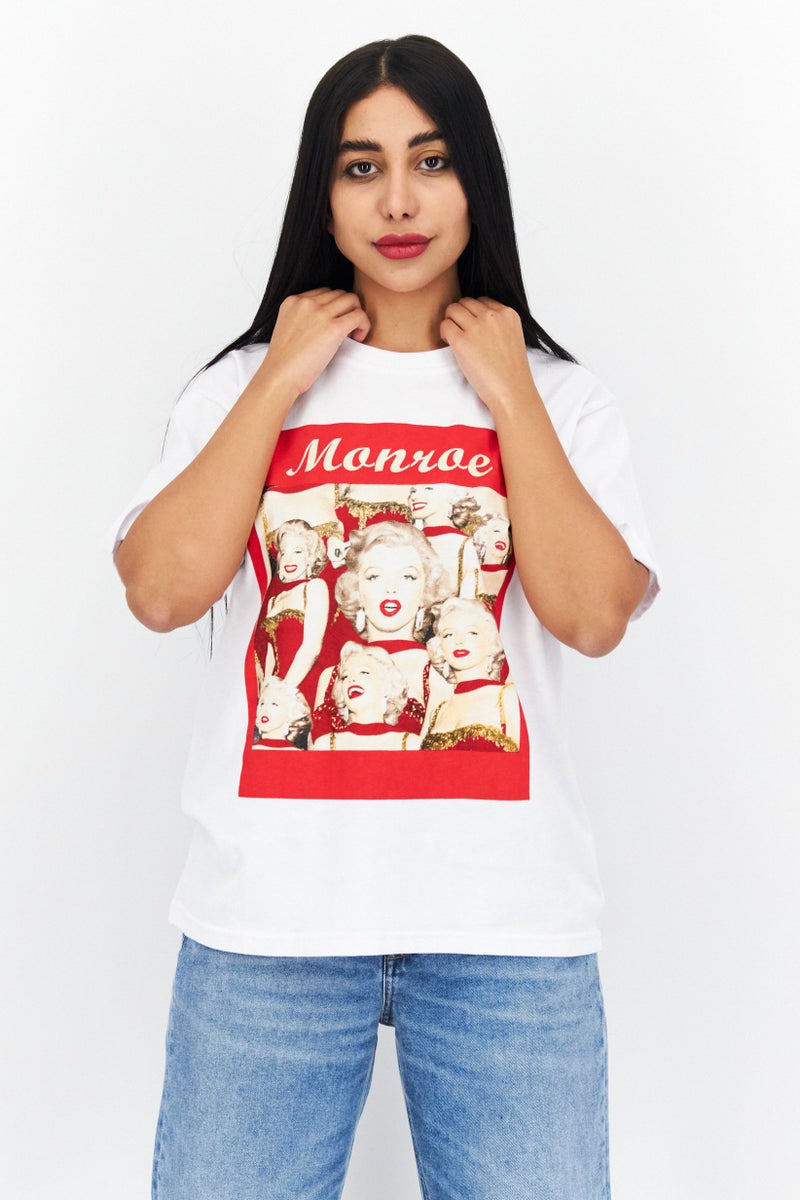 Marilyn Monroe Women Crew Neck Short Sleeves Graphic Print T-Shirt, White Combo - Image 1