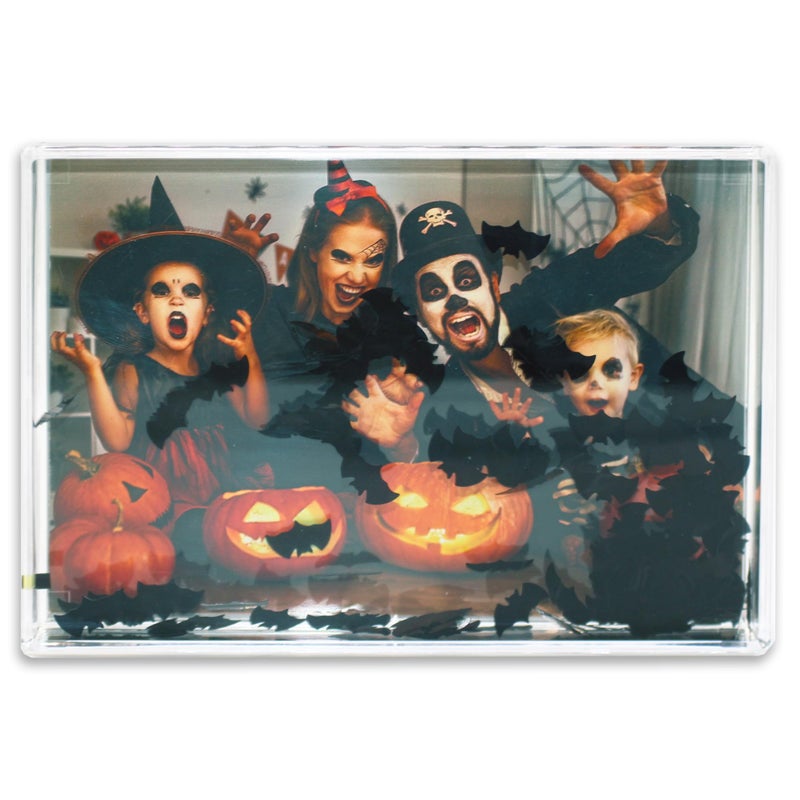 Halloween Glitter Photo Frame Acrylic Picture Frame holds 10 x 15 cm 4 x 6 inch Clear Frameless Desktop Photo Block with Bat Black  Ideal Personalised Gifts or Halloween Decorations