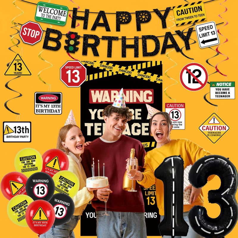 Roetyce 13th Birthday Decorations Boys Girls, Black Happy 13th Birthday Banner Backdrop Balloons Hanging Swirls, Caution Logo Themed Teenager 13 Years Old Party Yard Door Wall Cover Background - Image 5