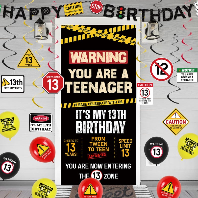 Roetyce 13th Birthday Decorations Boys Girls, Black Happy 13th Birthday Banner Backdrop Balloons Hanging Swirls, Caution Logo Themed Teenager 13 Years Old Party Yard Door Wall Cover Background - Image 4