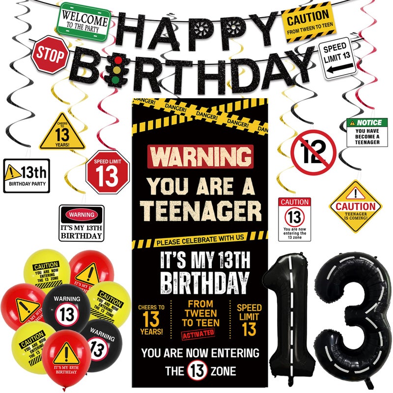 Roetyce 13th Birthday Decorations Boys Girls, Black Happy 13th Birthday Banner Backdrop Balloons Hanging Swirls, Caution Logo Themed Teenager 13 Years Old Party Yard Door Wall Cover Background - Image 1
