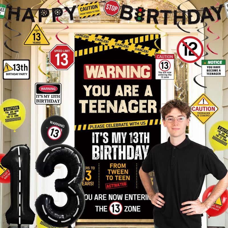 Roetyce 13th Birthday Decorations Boys Girls, Black Happy 13th Birthday Banner Backdrop Balloons Hanging Swirls, Caution Logo Themed Teenager 13 Years Old Party Yard Door Wall Cover Background - Image 3