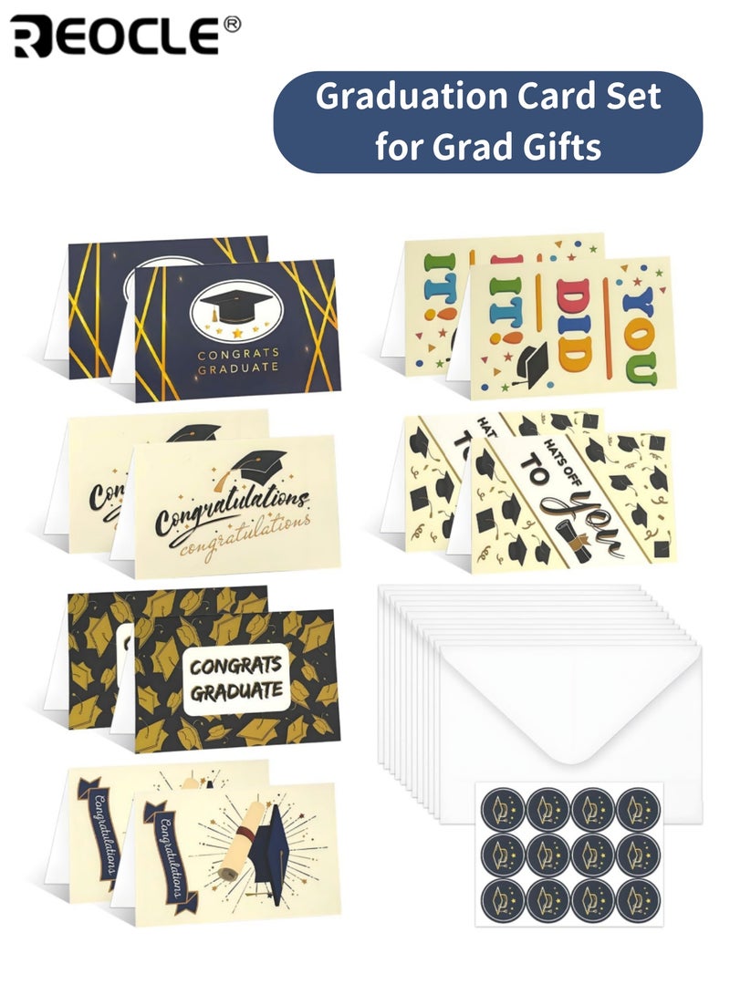 ريوكل بطاقات استشارة التخرج للخريجين مجموعة 12 بطاقة (6 تصميمات فريدة × 2) مجموعة بطاقات تهنئة مع 12 مغلفا و 1 ختم مثالي لهدايا وحفلات الخريجين - Image 1