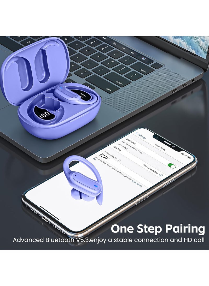 lekikpo Wireless Earbuds Bluetooth Headphones, Bluetooth 5.3 Stereo over Ear Buds,Noise Cancelling Mic, IP7 Waterproof Headset for Workout/Running Purple  - Image 2