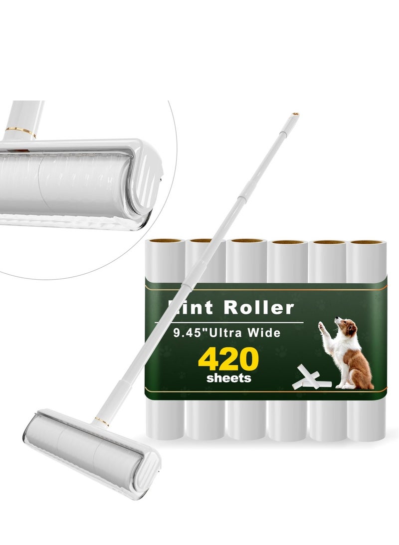 SYOSI أسطوانة إزالة الوبر، للملابس والأرائك والأثاث، أسطوانات لاصقة قابلة لإعادة الاستخدام لشعر الحيوانات الأليفة، سهلة الاستخدام، أسطوانة إزالة الوبر بعصا طويلة وعرض 24 مم مع عبوة قيمة من 420 ورقة، بيضاء - Image 1