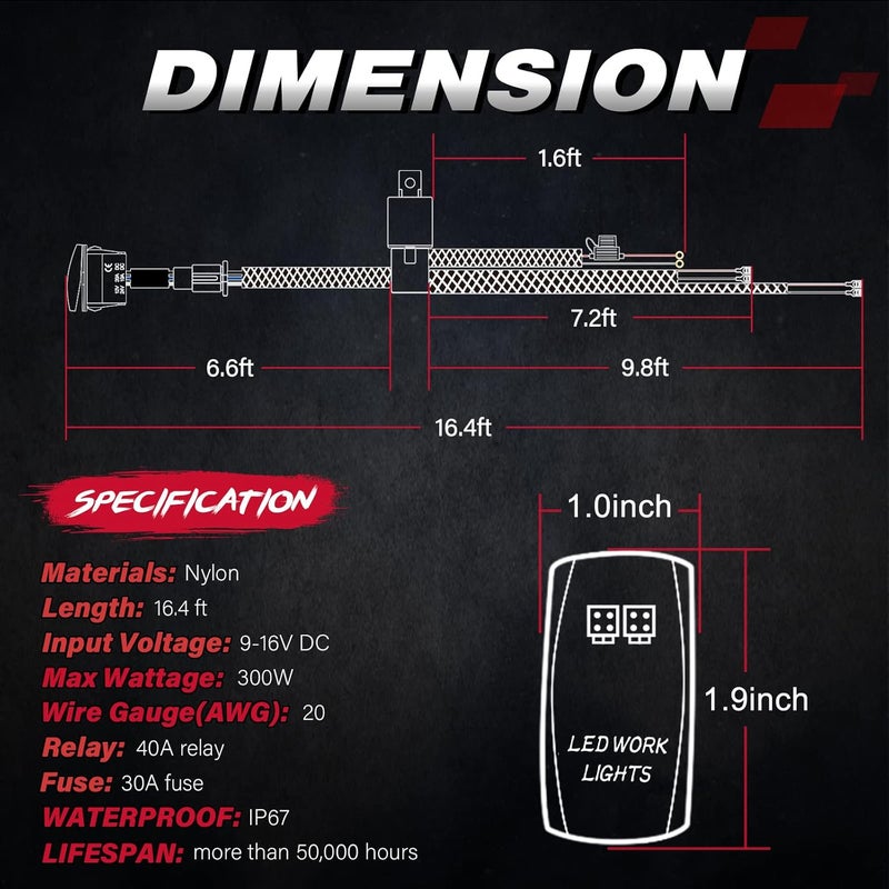OFFROADTOWN حزمة أسلاك نايلون OFFROADTOWN بطول 16.4 قدم لشريط الإضاءة وأضواء الضباب مع ريلاي ومفتاح - Image 2