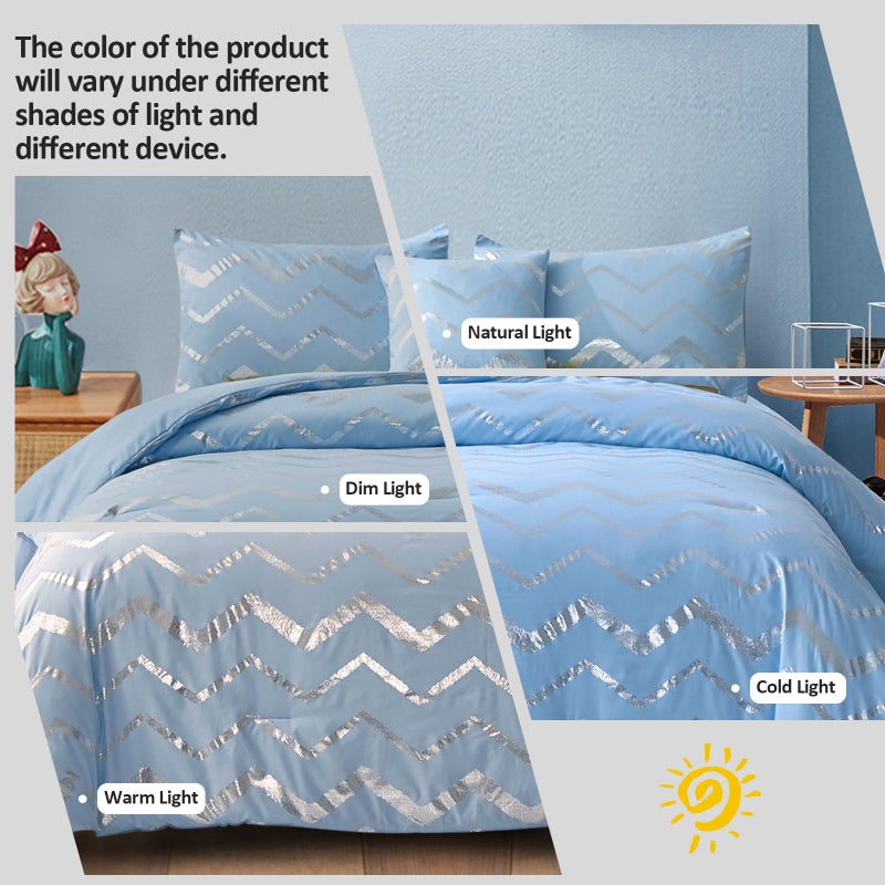 Menghomeus Blue/Silver Comforter Set Queen/Full Size Metallic Print Glitter Bedding Set Cute Shinny Bed Sets for Teen Girls Kids Women  4 Piece (2 Pillowcases  1 Decorative Pillow Sham) - Image 2