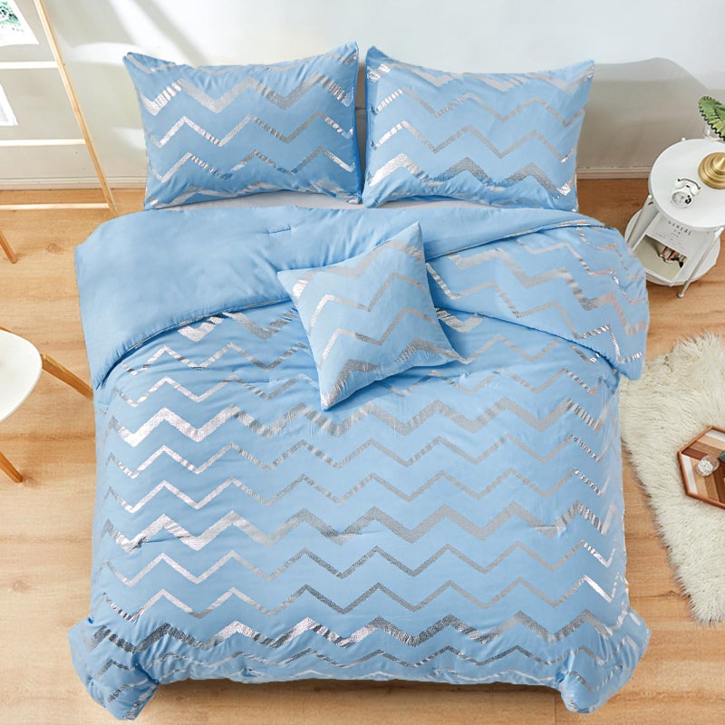 Menghomeus Blue/Silver Comforter Set Queen/Full Size Metallic Print Glitter Bedding Set Cute Shinny Bed Sets for Teen Girls Kids Women  4 Piece (2 Pillowcases  1 Decorative Pillow Sham) - Image 3