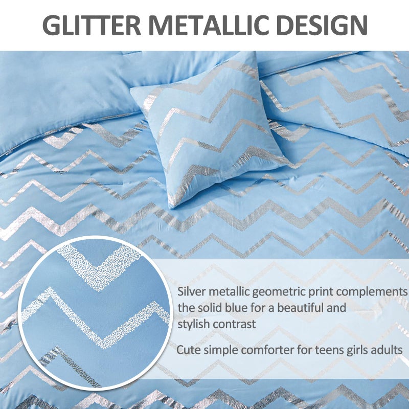 Menghomeus Blue/Silver Comforter Set Queen/Full Size Metallic Print Glitter Bedding Set Cute Shinny Bed Sets for Teen Girls Kids Women  4 Piece (2 Pillowcases  1 Decorative Pillow Sham) - Image 5