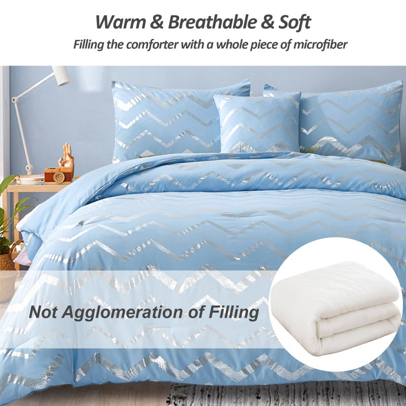 Menghomeus Blue/Silver Comforter Set Queen/Full Size Metallic Print Glitter Bedding Set Cute Shinny Bed Sets for Teen Girls Kids Women  4 Piece (2 Pillowcases  1 Decorative Pillow Sham) - Image 4