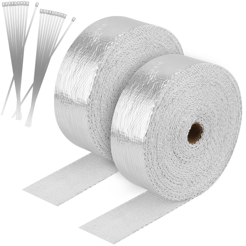 JEUIHAU 2 PCS 2 Inchx50 Feet Exhaust Heat Wrap Roll Exhaust Heat Header Wrap with 20 Stainless Ties Silver Fiberglass Pipe Wrap Exhaust Heat Shield Tape for Car Motorcycle Exhaust Manifold Pipes