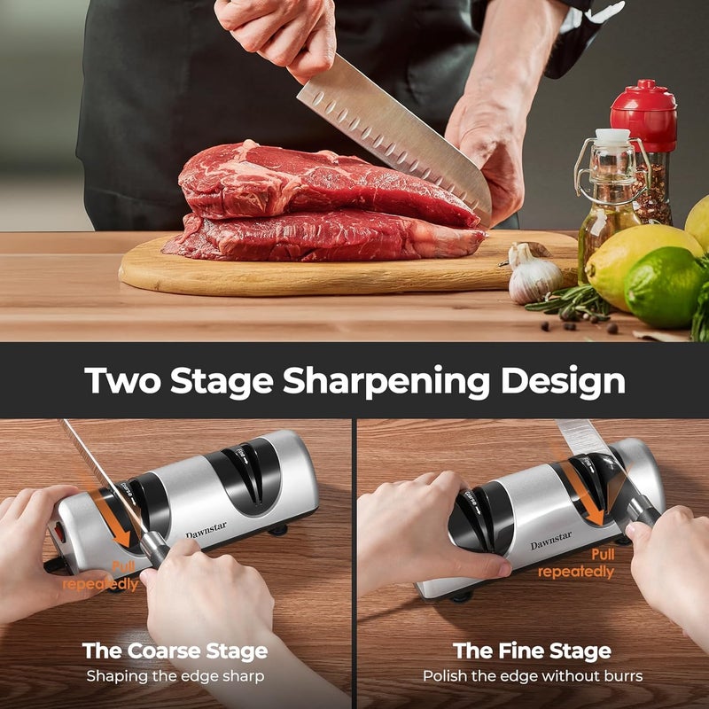 Dawnstar Electric Knife Sharpener, Professional Kitchen Knife Sharpener for Home Use, 2 Stages of Coarse Sharpening & Fine Polishing, Metal Dust Collection Box for Easy Cleaning, Silver Gray - Image 4