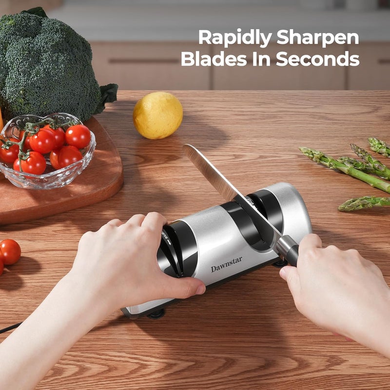 Dawnstar Electric Knife Sharpener, Professional Kitchen Knife Sharpener for Home Use, 2 Stages of Coarse Sharpening & Fine Polishing, Metal Dust Collection Box for Easy Cleaning, Silver Gray - Image 3