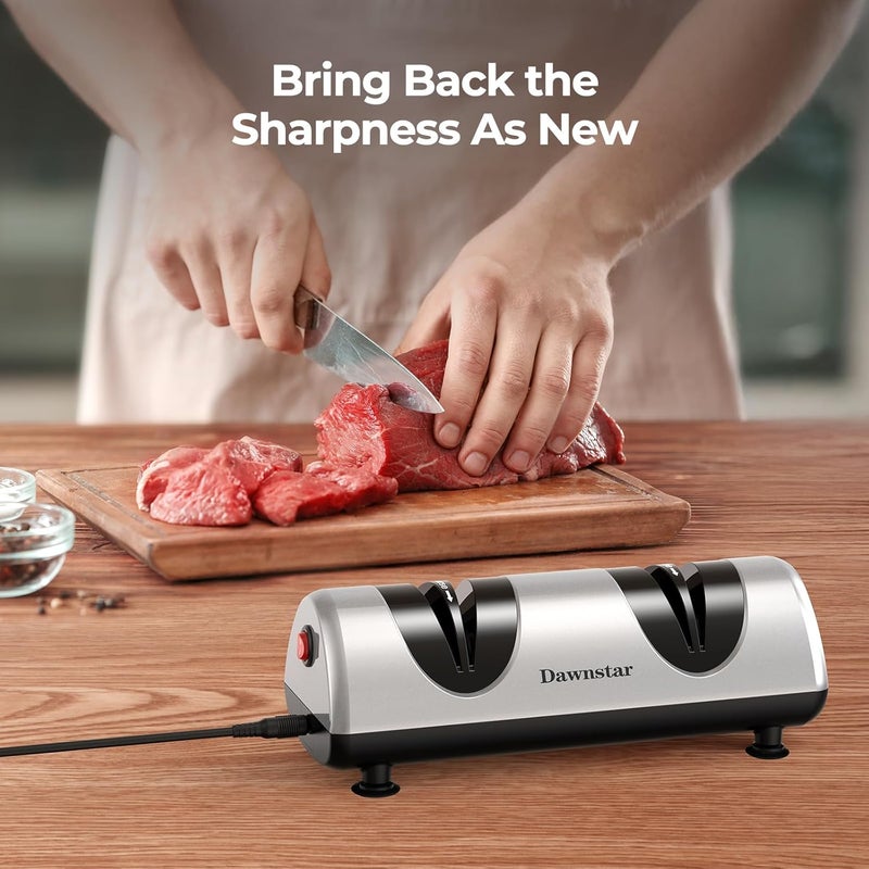 Dawnstar Electric Knife Sharpener, Professional Kitchen Knife Sharpener for Home Use, 2 Stages of Coarse Sharpening & Fine Polishing, Metal Dust Collection Box for Easy Cleaning, Silver Gray - Image 2