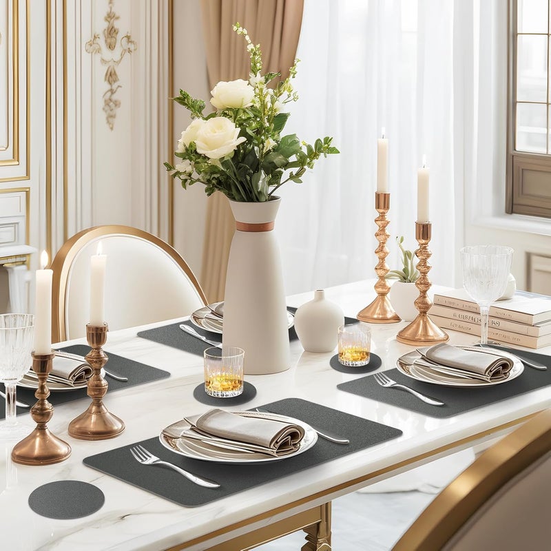 APLKER Faux Leather Placemats Set of 6 Waterproof Table Mats with Coaste | 17×12 In Heat Resistant Place Mats Set of 6 Wipebale & Washable Table Placemats for Kitchen Dining Indoor & Outdoor DeepGray - Image 2