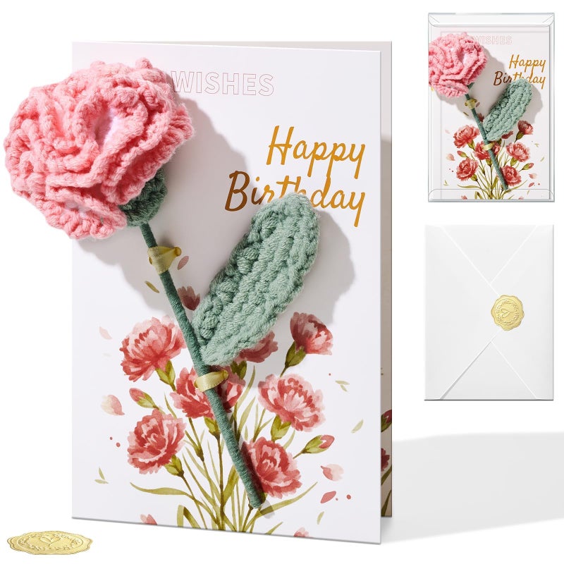 Ovesmusl Birthday Card for Women Refillable Handmade Crochet Flower for Her Birthday Gifts Carnation Happy Birthday Cards with Knitted Flowers for Girls, Friends - Image 1