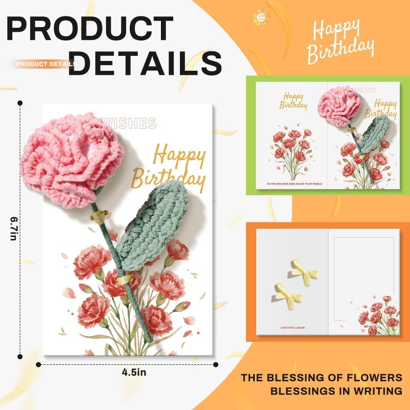 Ovesmusl Birthday Card for Women Refillable Handmade Crochet Flower for Her Birthday Gifts Carnation Happy Birthday Cards with Knitted Flowers for Girls, Friends - Image 4