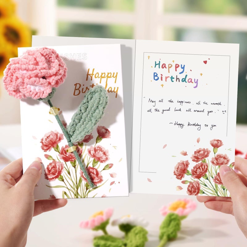 Ovesmusl Birthday Card for Women Refillable Handmade Crochet Flower for Her Birthday Gifts Carnation Happy Birthday Cards with Knitted Flowers for Girls, Friends - Image 5